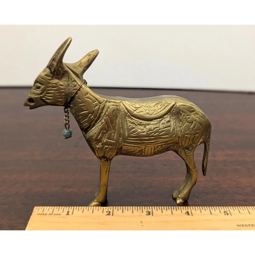 Vintage Brass Donkey Mule Figurine Engraved Saddle Turquoise Bead 5 Inch Decor